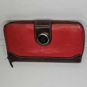 Vintage Dooney and Bourke Trifold Wallet Pebble Grain Brown & Red Snap Clutch